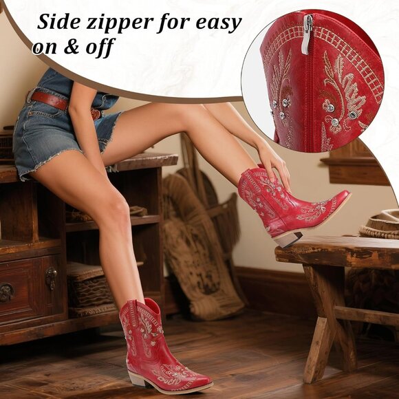 Women's Red Embroidered Side Zipper Comfortable Chunky Heel Western Boot - Picture 5 of 6
